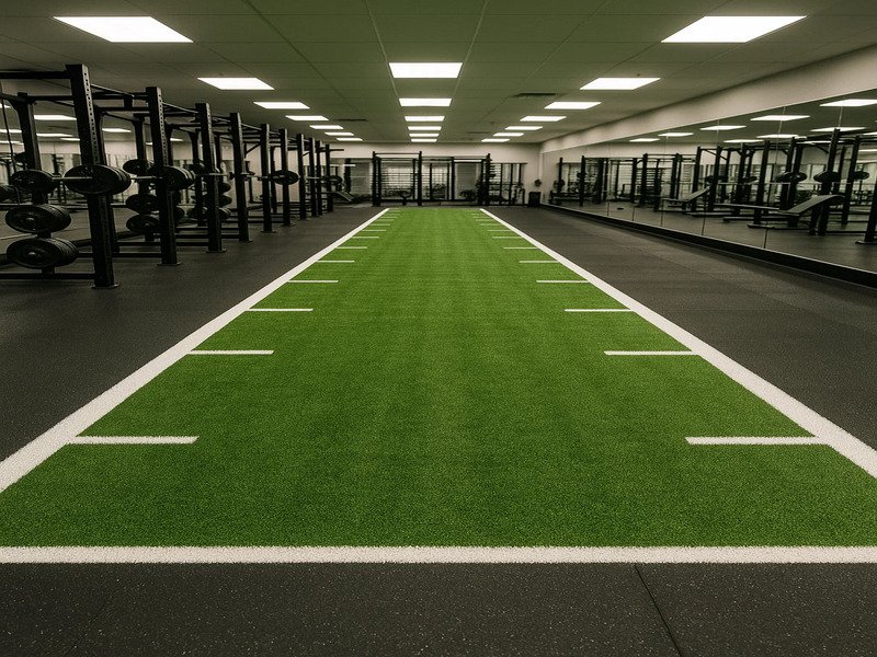 Снимок крупным планом прочных волокон зеленого спортивного газона с текстурой и плотностью.